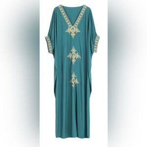 Green & Gold Kaftan Embroidered Dress, V-Neck, Batwing Sleeves, Women’s One Size